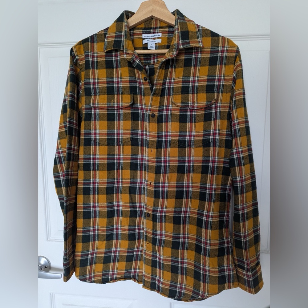 Men's Flannel Long Sleeve Shirt Slim-Fit Button Down Plaid Size Small